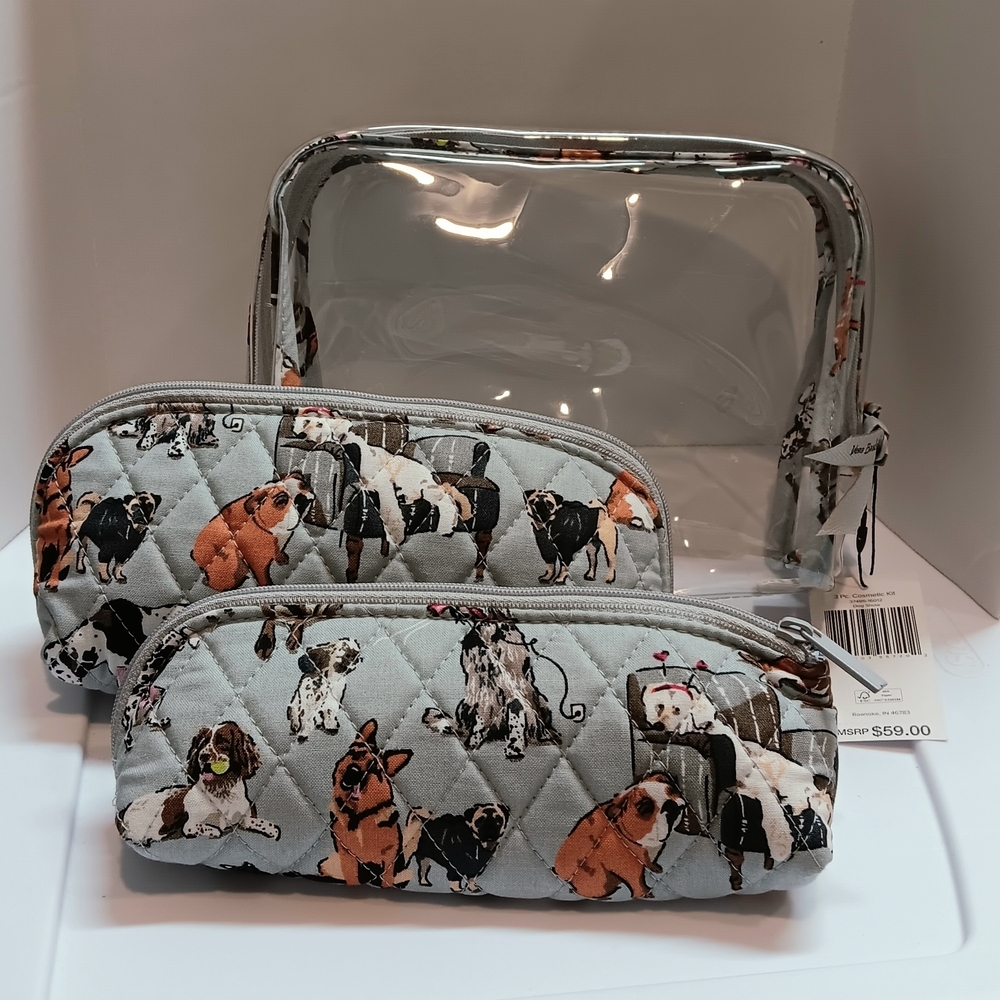 NEW with tags Vera Bradley 3-Piece DOGS Grey Cosmetic cases Makeup bags